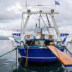 Moored blue and white boat with lowered bridge, made of metal near the shore of the Aegean sea, Stavros, Greece