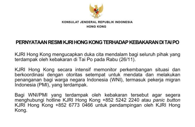 
					Kebakaran di Hong Kong, KJRI Sediakan Dua Hotline: +852 5242 2240, +852 6773 0466